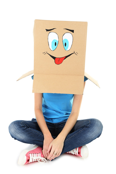 Woman with cardboard box on her head - Foto, Imagem