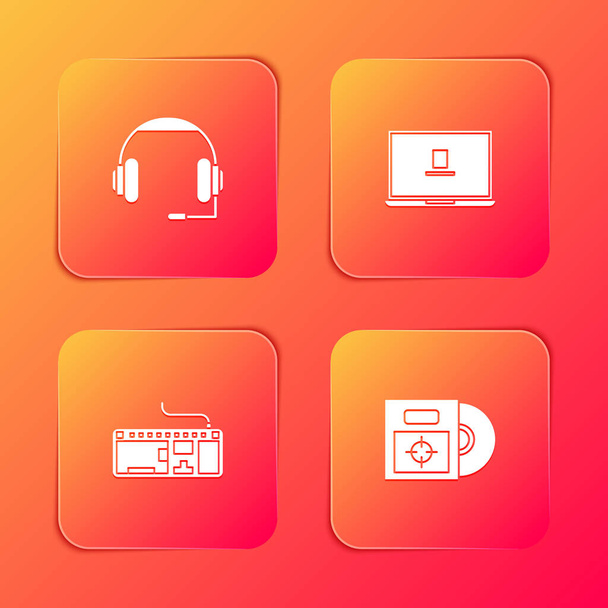 Set Headphones, Laptop, Computer keyboard and CD or DVD disk in box icon. Vector. - Vector, Image