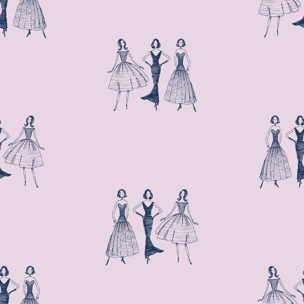 Płynny wzór ze szkiców eleganckie kobiety w sukniach wieczorowych - Wektor, obraz