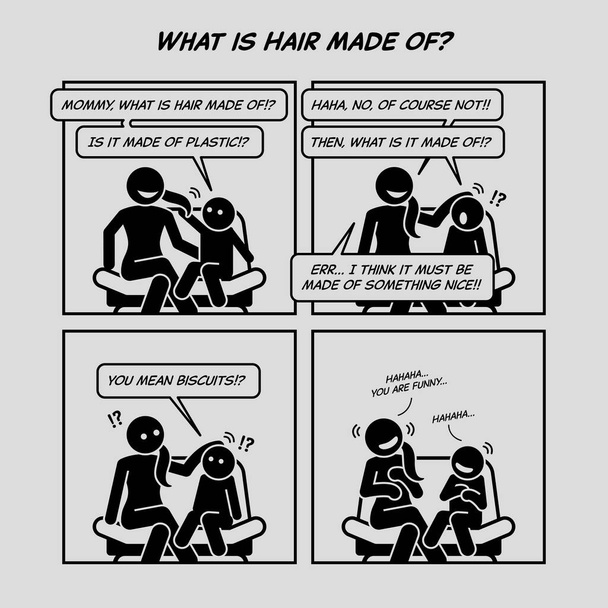 Funny comic strip. What is hair made of. Little boy asking his mother what is hair made of. Comic depicts parenting, child curiosity, funny question and answer.  - Vector, Image