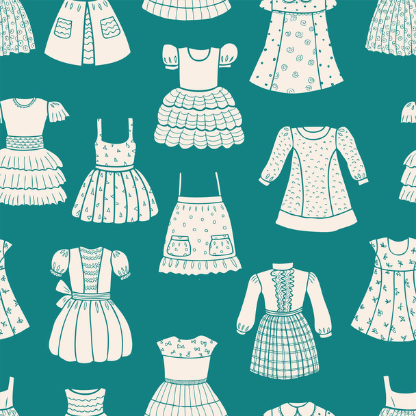 Płynny wzór sylwetek różnych rysowane sukienki dla dzieci - Wektor, obraz