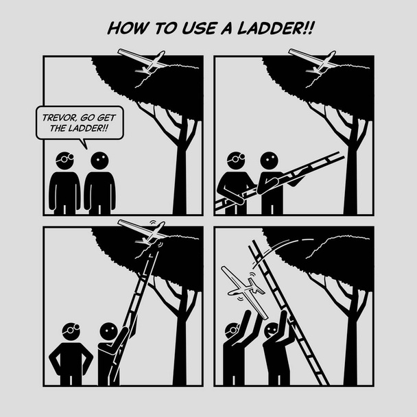 Grappig stripverhaal. Hoe gebruik je een ladder. Twee vrienden met behulp van een ladder om het speelgoedvliegtuig drone die geplakt op de top van een boomtak te halen.  - Vector, afbeelding