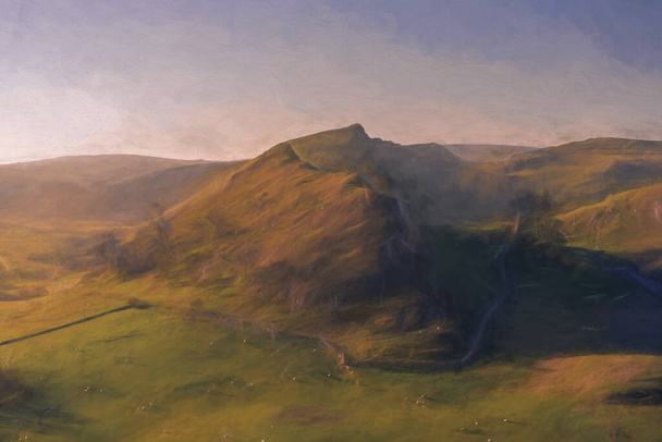 Digitální malba západu slunce na kopcích Parkhouse Hill a Chrome Hill z kopce Hitter Hill v národním parku Peak District. - Fotografie, Obrázek