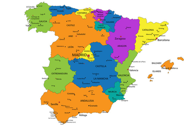 Colorful Spain political map with clearly labeled, separated layers. Vector illustration. - Vector, Image