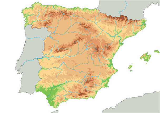 Фізична карта Іспанії. - Вектор, зображення
