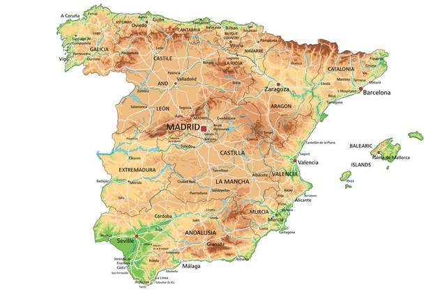 Mapa físico de España alto detallado con etiquetado. - Vector, imagen