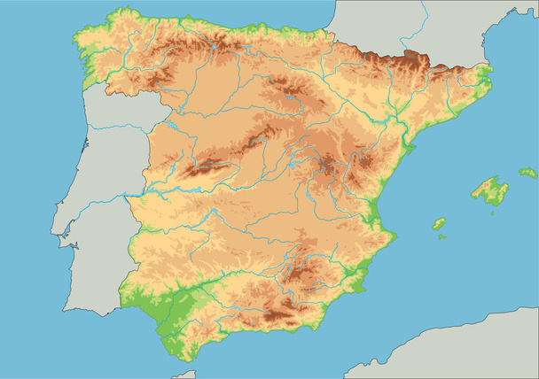Carte physique détaillée de l'Espagne. - Vecteur, image