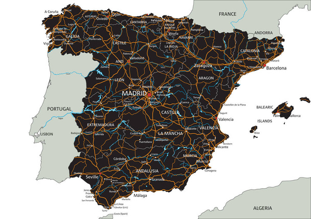 Hoja de ruta detallada de España con etiquetado. - Vector, Imagen