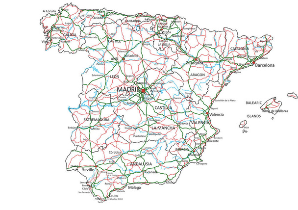 Carte routière détaillée de l'Espagne avec étiquetage. - Vecteur, image