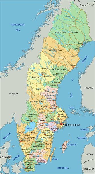 Szwecja - Bardzo szczegółowa edytowalna mapa polityczna z etykietowaniem. - Wektor, obraz