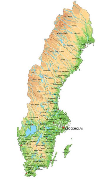 Фізична карта Швеції з маркуванням.. - Вектор, зображення