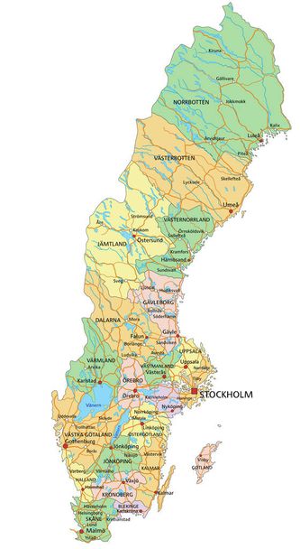 Σουηδία - Εξαιρετικά λεπτομερής επεξεργάσιμος πολιτικός χάρτης με σήμανση. - Διάνυσμα, εικόνα