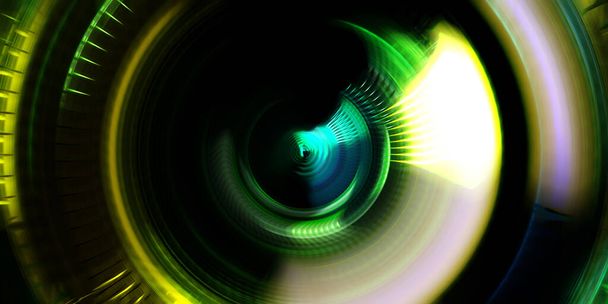 Photography camera concept. Abstract Background. Spinning rays of light. Motion conceptual wallpaper. Graphic digital illustration. Glowing neon rotating lights. Glossy presentation design template. - Photo, Image