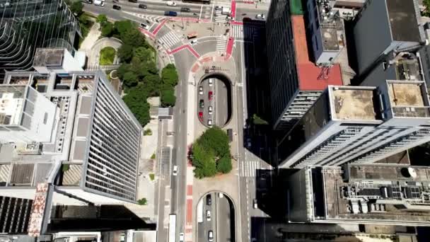Top down view of Paulista avenue at downtown Sao Paulo Brazil. Stunning landscape of landmark avenue of city. Urban aerials. - Footage, Video
