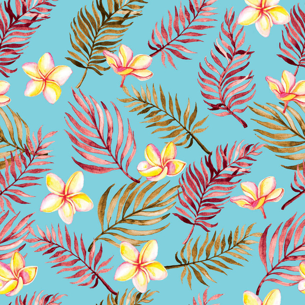Seamless hand drawn tropical vector pattern with exotic palm leaves and plumeria flowers. - 写真・画像