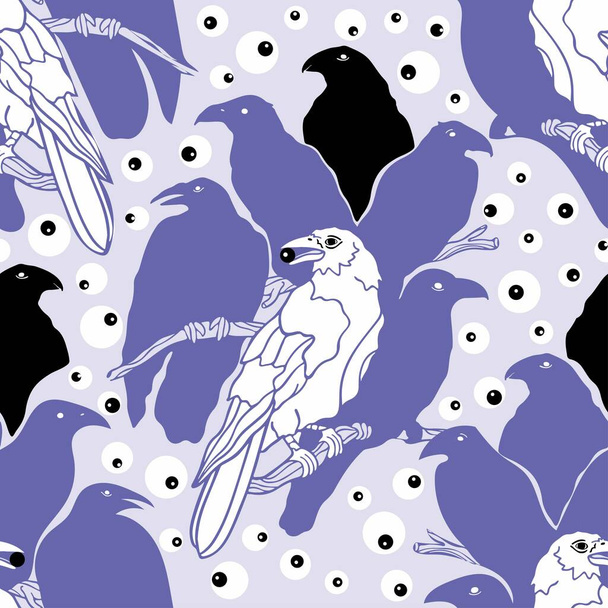 Векторный бесшовный рисунок птицы. Вороны сидят на ветке. Дизайн для печати на текстиле, упаковке, бумаге, обоях.  - Вектор,изображение
