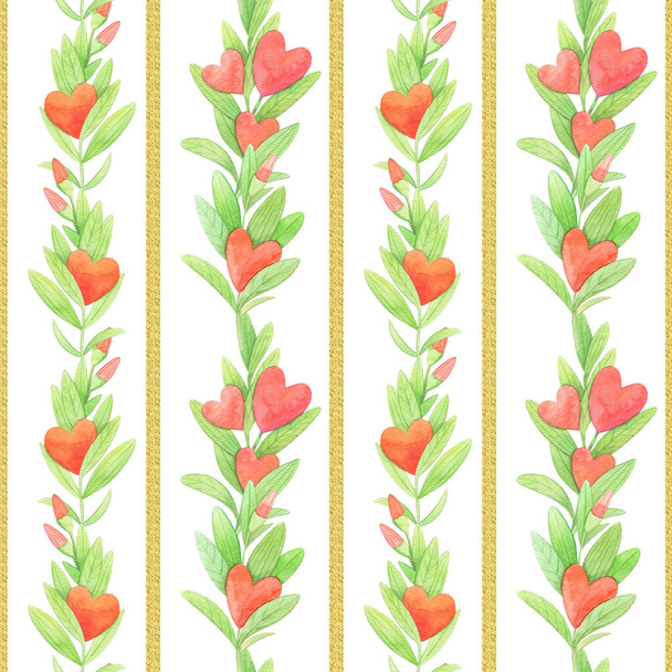 Valentine's day seamless pattern with watercolor elements,  hearts, leaves, golden stripes. - Photo, Image