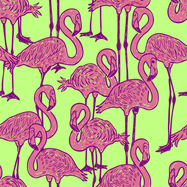 Seamless background of drawn cartoon pink flamingos - Vektori, kuva