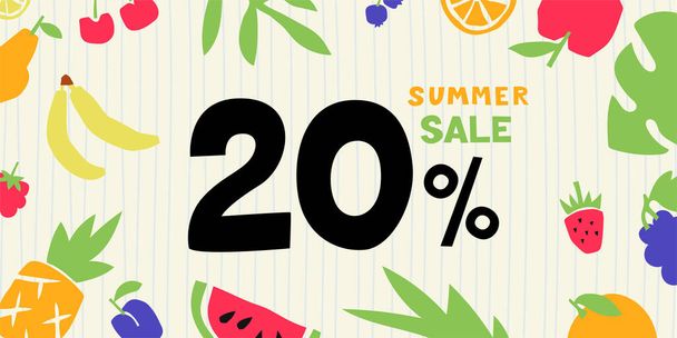 20 procent. Letní prodej. Barevné výhonky ovoce a bobule. Barevná lepenka nebo papír - Vektor, obrázek