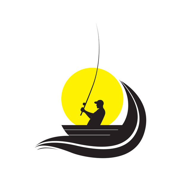 ボート釣りのロゴデザインとシルエットの若い男、ベクトルグラフィックシンボルアイコンイラスト創造的なアイデア - ベクター画像