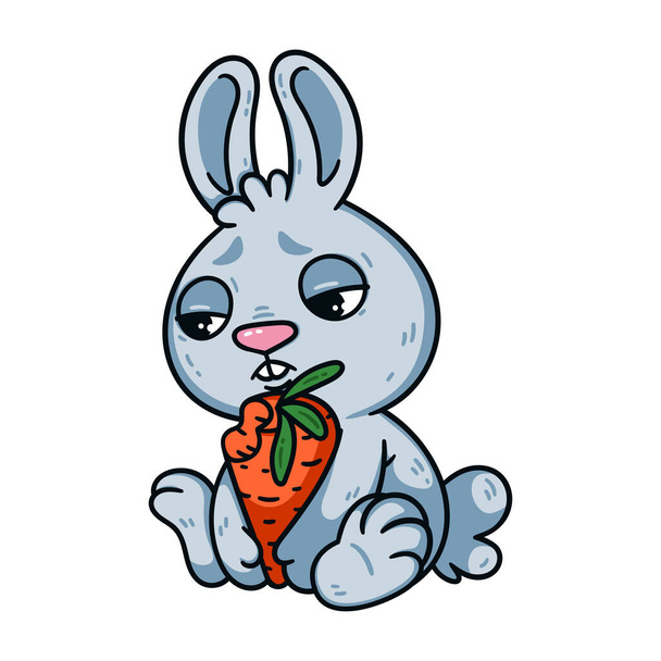 Sad little easter bunny with bitten carrot. Rabbit the symbol of 2023 lunar chinese new year. Hare with unhappy eyes and vegetable. Farm animal vector illustration isolated white background. - Vettoriali, immagini