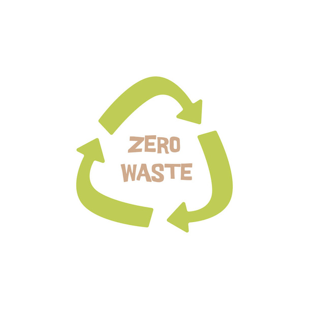Tři zelené kruhové šipky ve tvaru trojúhelníku, koncept recyklace a opětovného použití odpadu. Zachraň přírodu. Text s nulovým odpadem uvnitř. Barevný ručně kreslený vektor izolované ilustrační ikony klip - Vektor, obrázek