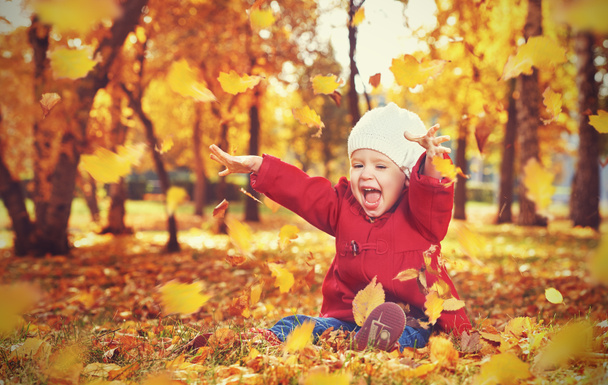 happy little child, baby girl laughing and playing in autumn - Photo, Image
