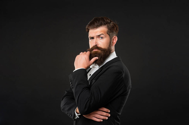 serious confident man in tuxedo bow tie. gentleman in formalwear on black background. male fashion. - Fotoğraf, Görsel