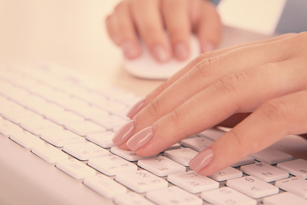 Manos femeninas escribiendo en el teclado sobre fondo claro
 - Foto, imagen