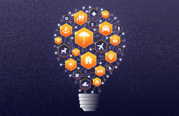 InsurTech - InsureTech - Innovation und aufstrebende Technologien in der Versicherungsbranche - Konzeptionelle Illustration mit digitalen Glühbirnen und versicherungsbezogenen Symbolen - Foto, Bild