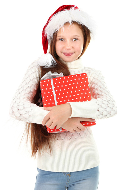 Beautiful little girl with present box isolated on white - Foto, Bild