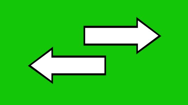 Loop animatie van witte pijlen met witte contouren, die links en rechts richting aangeven. Op een groene chroma key achtergrond - Video