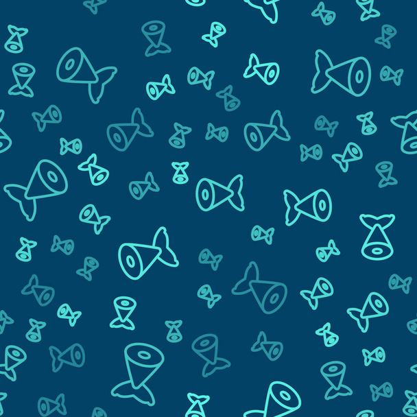 Grüne Linie Fischschwanzsymbol isoliert nahtlose Muster auf blauem Hintergrund. Vektor. - Vektor, Bild