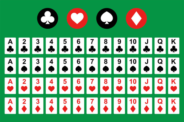 Baraja de cartas para póquer con cartas aisladas sobre un fondo verde - Vector, Imagen