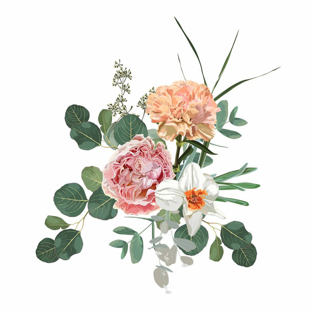 Handgezeichnete Illustration eines schönen Gartenblumenstraußes mit Eukaliptus. Element für Hochzeitseinladung, Valentinstag oder andere. - Vektor, Bild