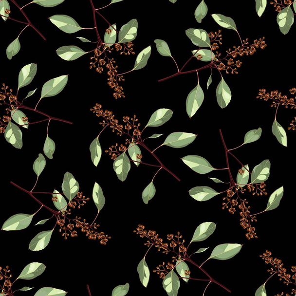 Padrão sem costura com ramos de eucalipto em flor sobre um fundo preto. Ilustração de vegetação, folhagem e folhas naturais. Modelo para design têxtil floral. - Vetor, Imagem