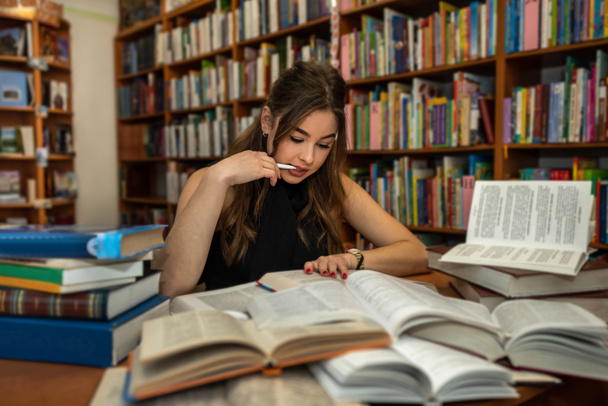  portrait of young woman, student in library, education learn concept - Photo, Image
