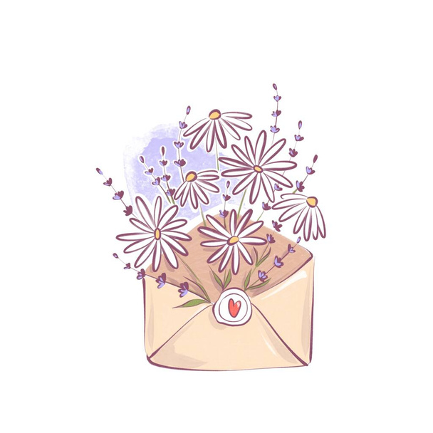 Chamomile and lavender flowers bouquet in envelope - Valokuva, kuva