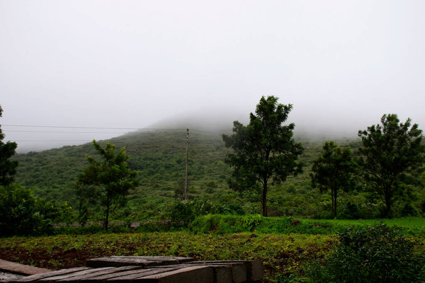 Stock photo of beautiful agricultural land surrounded by mountains cover by greenery , picture captured during foggy morning in the monsoon season . few cement bricks kept in the farm at Sateri hill. - Photo, Image