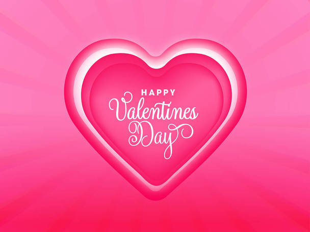 Happy Valentine's Day Font Over Paper Cut Overlapping Heart On Glossy Pink Rays Background. - Vecteur, image