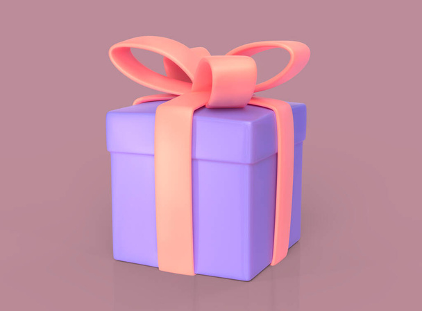 Purple gift box 3d, great design for any purposes. Cartoon raster illustration on pink background. - Фото, изображение