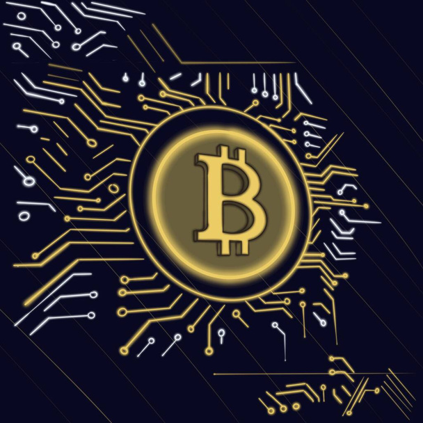 A digital bitcoin coin with data lines. Digital illustration - Photo, Image