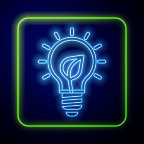 Lampadina fluorescente al neon con icona a foglia isolata su sfondo blu. Concetto energetico ecologico. Concetto di energia alternativa. Vettore. - Vettoriali, immagini