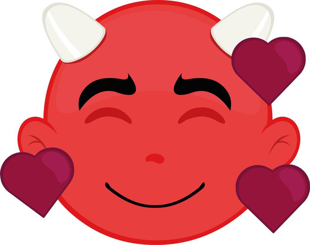 Vektor-Illustration des Gesichts eines Cartoon-Teufels, mit glücklichem Gesichtsausdruck, der Liebe und umgeben von Herzen - Vektor, Bild