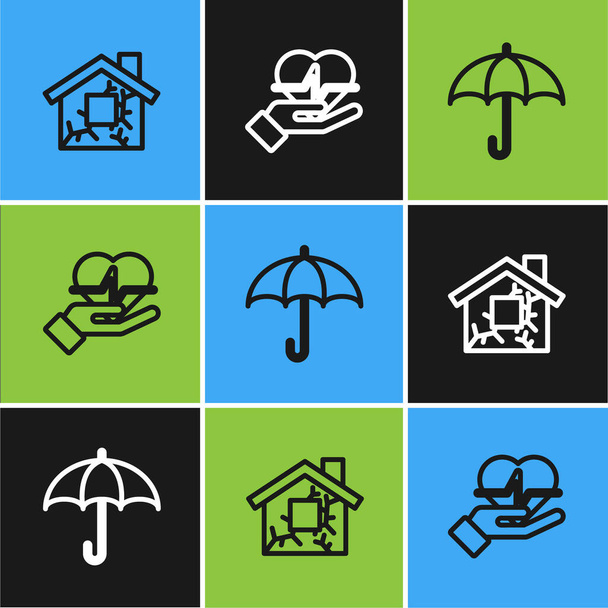 Impostare linea House, Ombrello e assicurazione sulla vita in mano icona. Vettore - Vettoriali, immagini