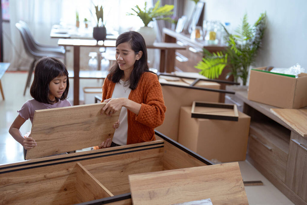 mother and daughter In New Home assembling furniture - 写真・画像