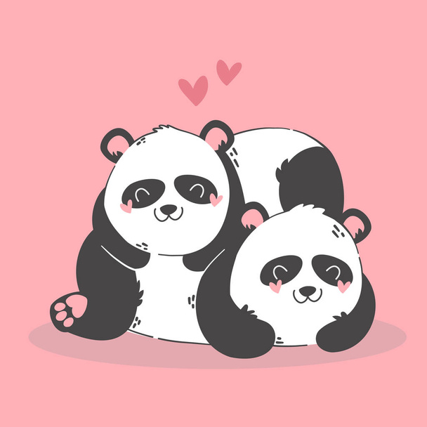 Cute cartoon panda couple in love. Animals character with hearts. Valentine day romantic drawing. Kids baby design. - Διάνυσμα, εικόνα