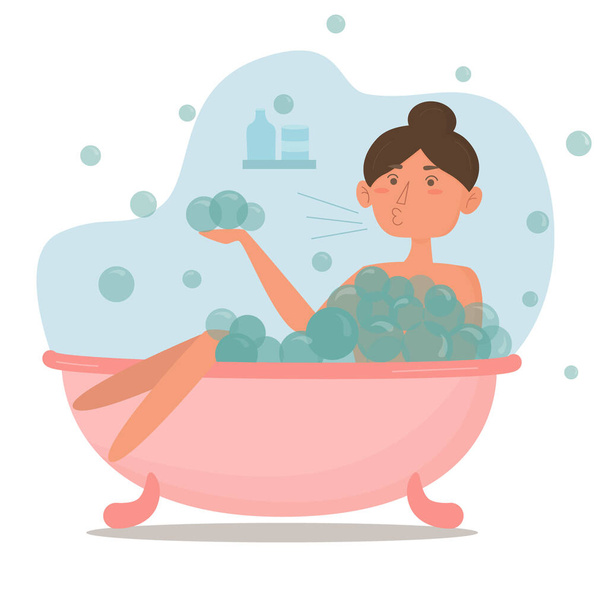 Linda chica tomando un baño. personajes de dibujos animados - Vector, Imagen