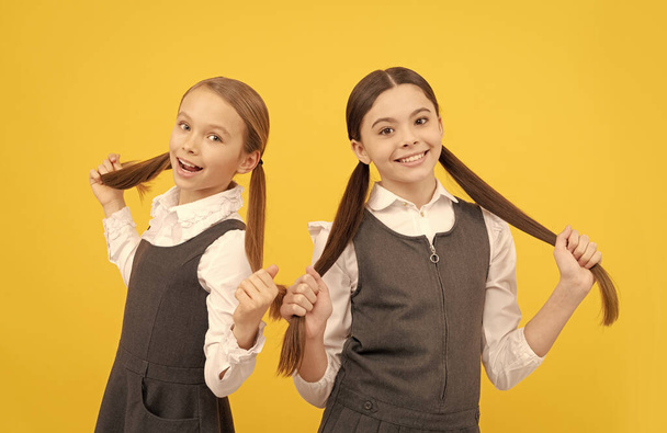 Για δημιουργική μάθηση. Τα χαρούμενα παιδιά κρατάνε μακριά μαλλιά. Σχολή ομορφιάς. Τριχοφυής εκπαίδευση - Φωτογραφία, εικόνα