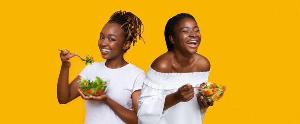 Portret van glimlachende zwarte dames Holding Plate met salade - Foto, afbeelding